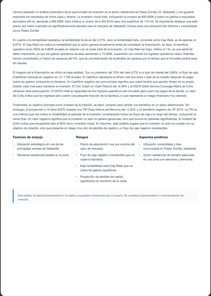 Informe de análisis de rentabilidad inmobiliaria InmoMetrics — Página 2: Interpretación del análisis, factores de empuje, riesgos y aspectos positivos